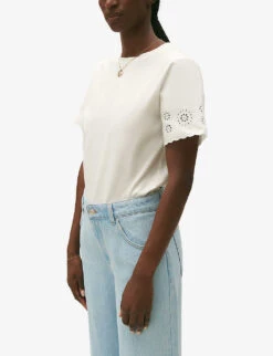 CLAUDIE PIERLOT Trad Broderie Anglaise-sleeve Cotton T-shirt 7 CLAUDIE PIERLOT Trad Broderie Anglaise-sleeve Cotton T-shirt -Whistles Closet Shop R04189902 NATURELS ALT02