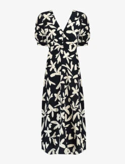 Leaf-print Keyhole-detail Woven Midi Dress