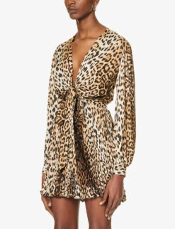 Roberto Cavalli V-neck Leopard Print Woven Mini Dress -Whistles Closet Shop R04192679 NATURALE ALT02