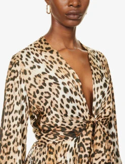 Roberto Cavalli V-neck Leopard Print Woven Mini Dress -Whistles Closet Shop R04192679 NATURALE ALT04