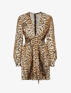 Roberto Cavalli V-neck Leopard Print Woven Mini Dress