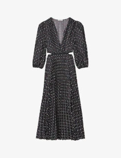 Sandro Aglae Graphic-print Long-sleeve Woven Midi Dress