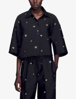 Sandro Mentissa Crystal-embellished Woven Shirt 7 Sandro Mentissa Crystal-embellished Woven Shirt -Whistles Closet Shop R04197499 NOIRGRIS ALT02
