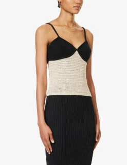 April V-neck Contrast-cups Organic-cotton Top -Whistles Closet Shop R04203306 OATMEALBLACK ALT02